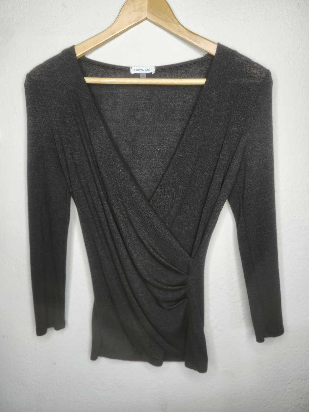 Olivia Grey Charcoal Wrap-Front Long Sleeve Blouse